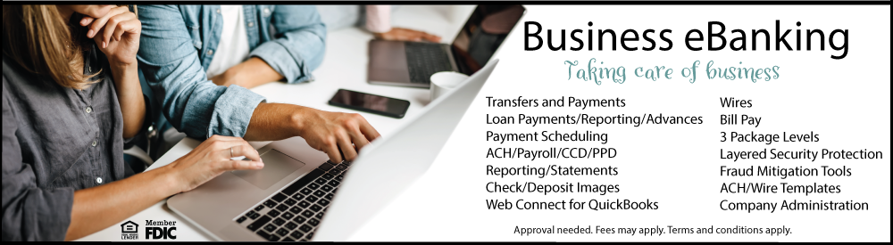 Business eBanking Taking care of business wires ach internal and external transfers bill pay loan payments and advances quickbooks webconnect  photo of laptops and people typing