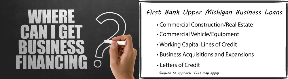 Photo of a hand writing on a chalkboard, where can I get Business Financing with a list of Commercial business loan financing options. This banner is attached to our webpage which describes all of the options.