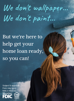 We don't wallpaper, we don't paint but we're here to help get your home loan ready so you can! Picture of a lady painting a wall teal blue
