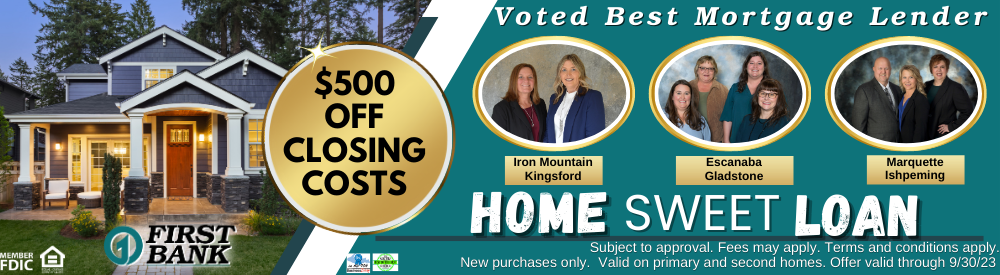 $500 off closing costs, voted best mortgage lender home sweet loan. Banner shows photos of mortgage staff and a modern home