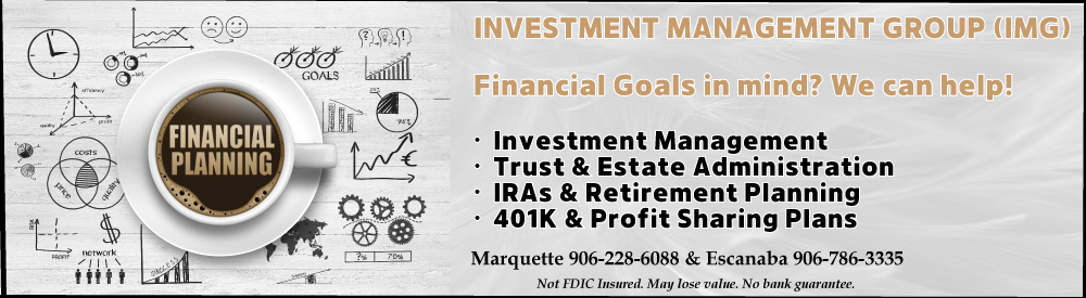 Investment Management Group photo of coffee cup and doddling of financial symbols around it. Investment Management, Trust and Estate Administration, IRAs and Retirement planning, 401K and profit sharing plans, click banner for more