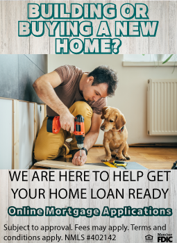 Photo of a man showing a dog how to use a drill.  Building or buying a new home? We are here to help get your home loan ready.  Online mortgage applications.