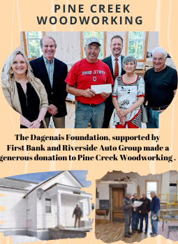 Pine creek woodworking. The dagenais foundation supported by First Bank and Riverside Auto Group made a generous donation to Pine creek Woodworking. Photo of First Bank Presidents and Dagenais Foundation members